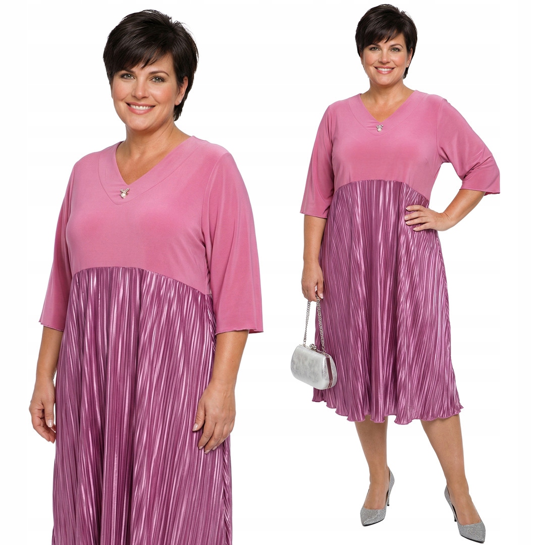 Růžová šaty s broží, plisovaný spodní lem a velikost velikost 56/58