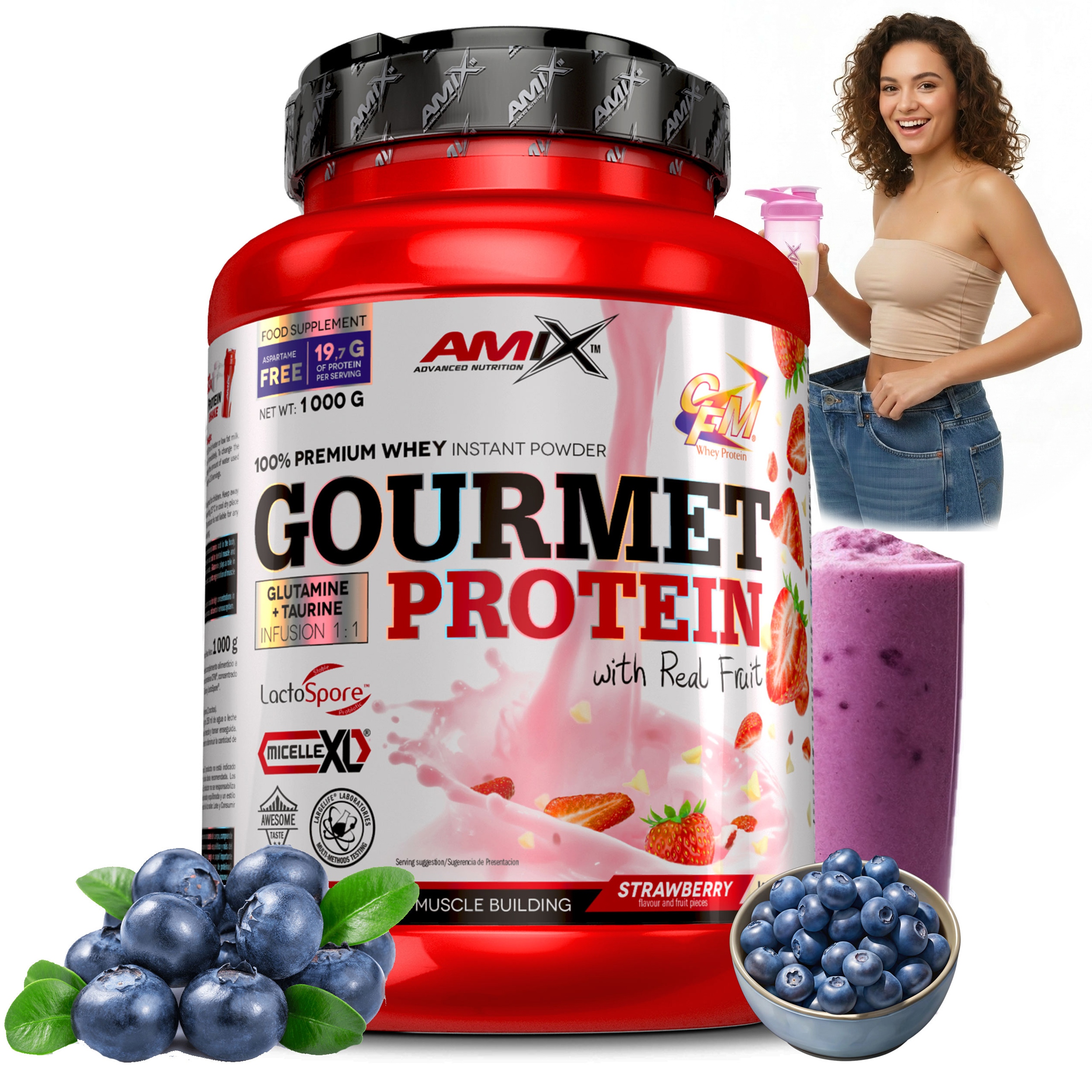 Jahodový Protein Proteinový koktejl 1 kg pro ženy s probiotiky 115 kcal