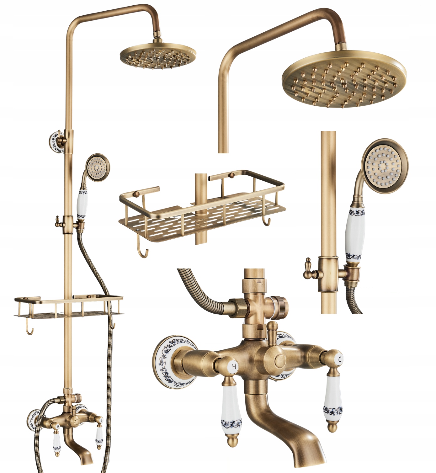 Sprchový set Mosadz s dažďovou sprchou Retro Polica Novinka