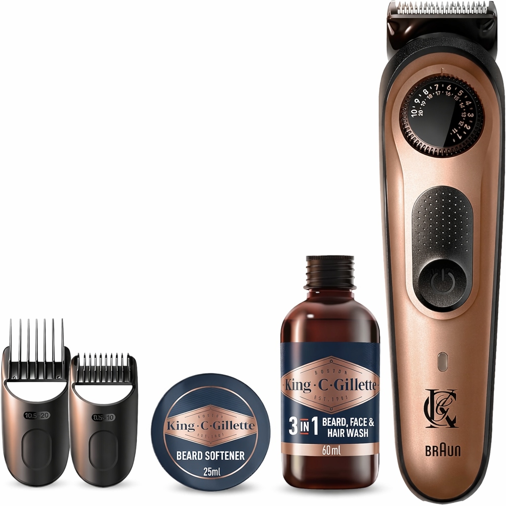 Sada King C. Gillette Trimmer+Tekutina+Balzám na vousy, jemná krabička