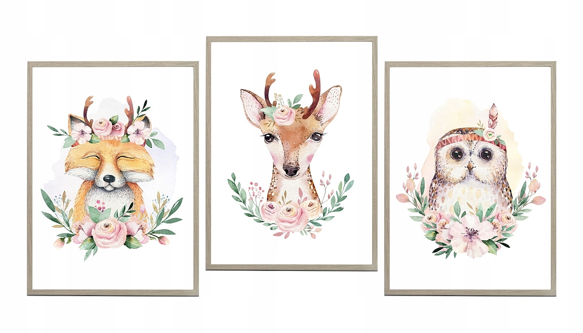 Zestaw 3 plakaty sarenka lisek sowa boho wzory A4