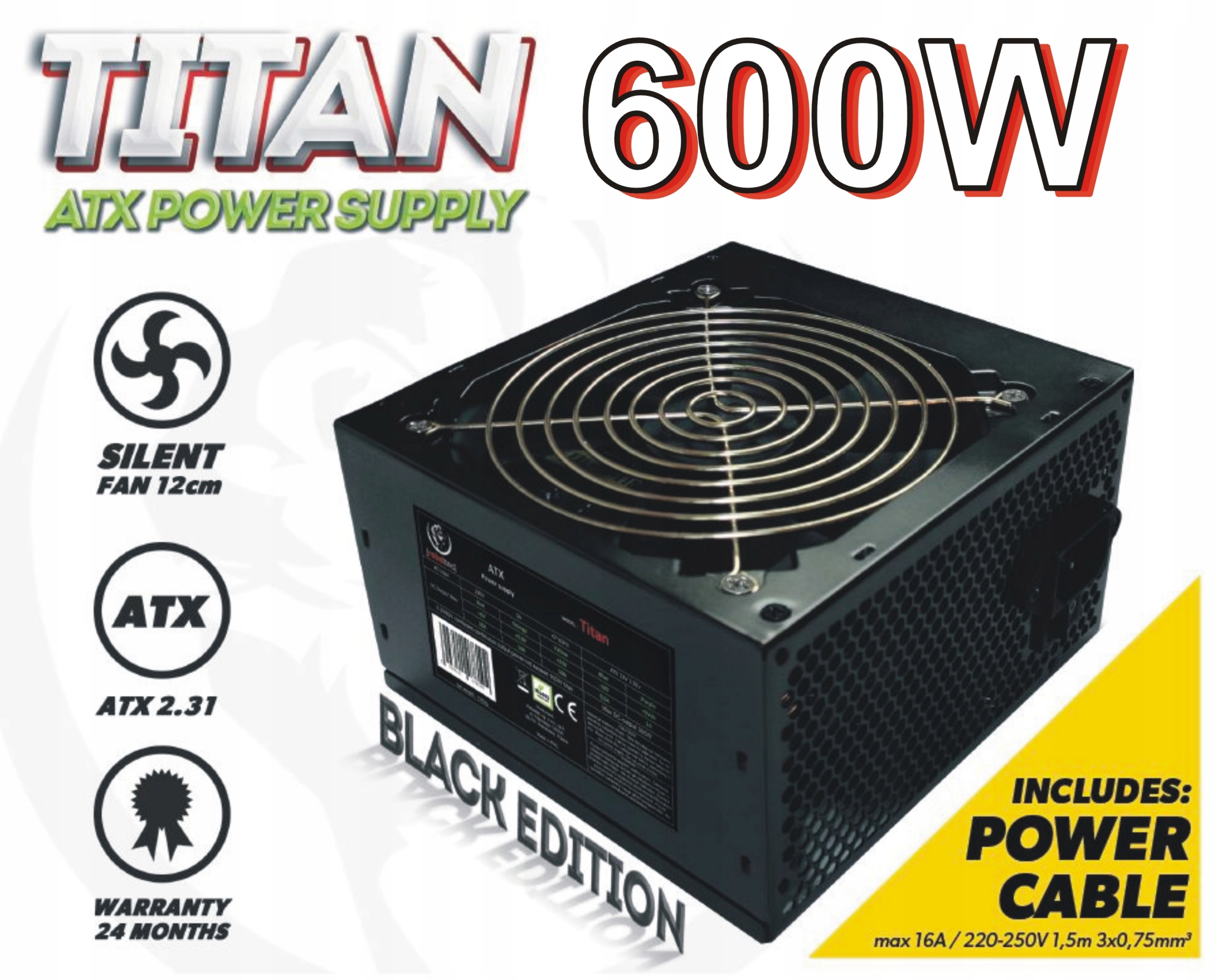 Nový Napájecí Zdroj Atx 600W 12cm Titan Black Edition Box kabel