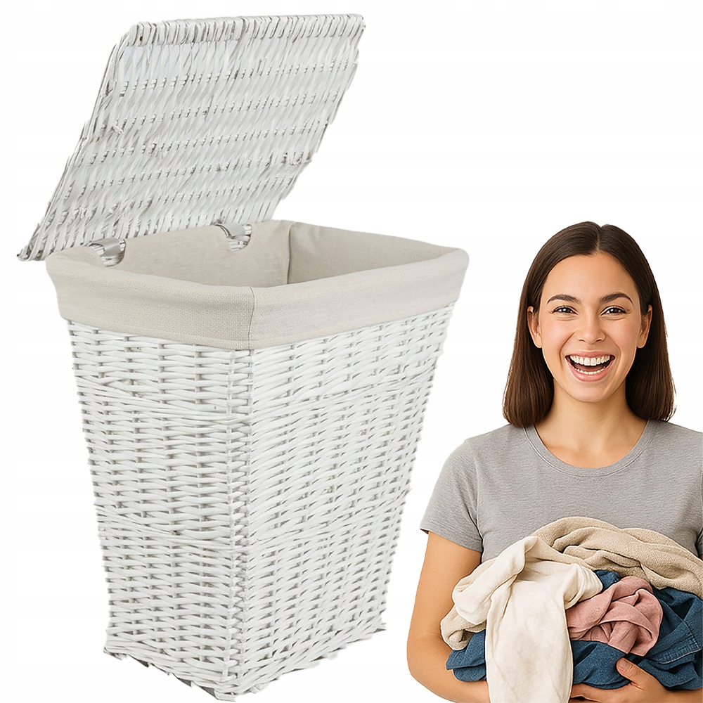 Koš Na Prádlo Z Proutěného Materiálu, Bílá Nádoba Na Prádlo S Polstrováním A Víkem 46 L