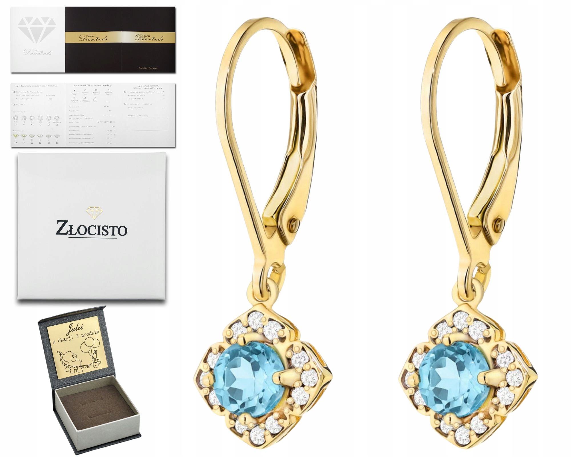 Zlaté Náušnice Tyrkysový Topaz A Brilianty Zlato 585 Jako Dárek