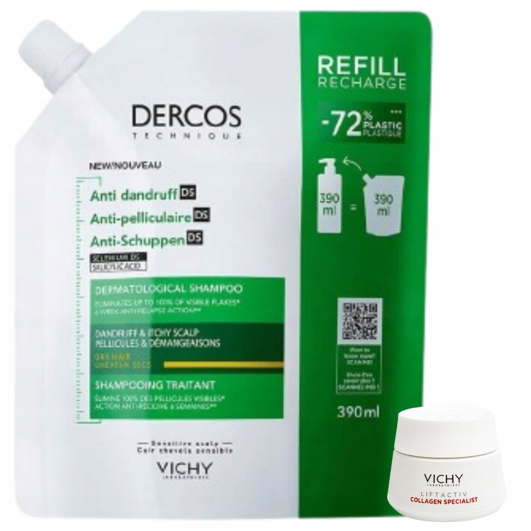 Szampon przeciwłupieżowy Vichy Dercos Ds włosy suche Refill 390ml+GRATIS