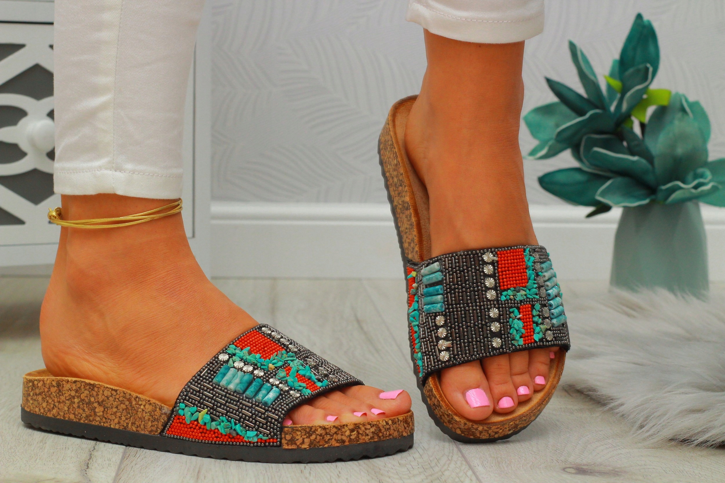 KLAPKI DAMSKIE NA KORKU STYLOWE PROFILOWANE Rozmiar 40