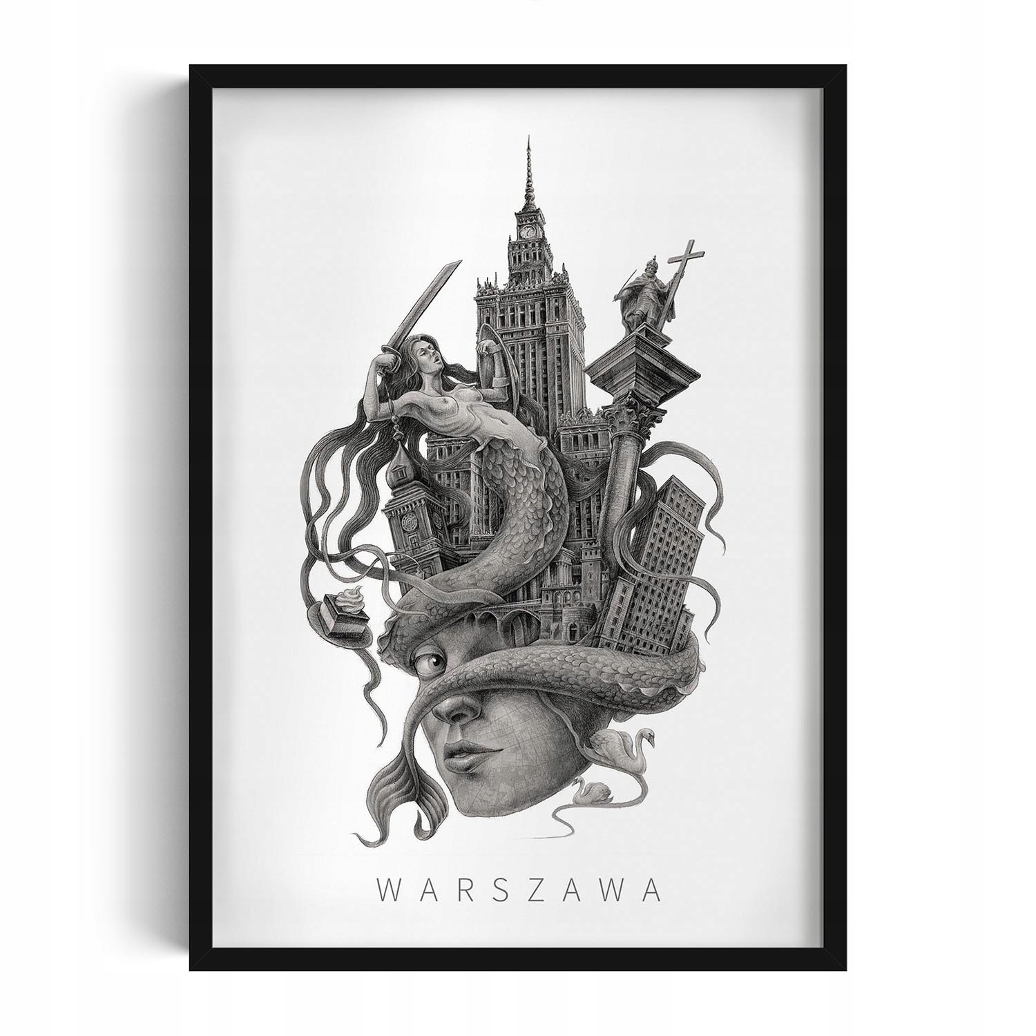 Dekorativní obraz s grafikou v krásném rámu Černobílá Město Varšava 50x70