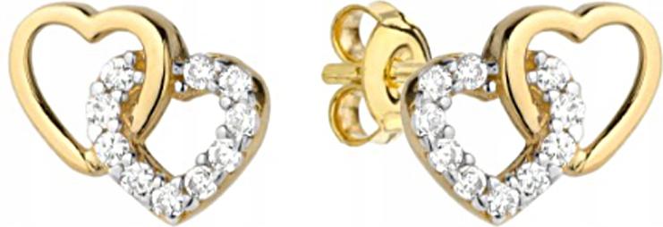 Zlaté náušnice 585, dvě srdce, zirkon, elegantní pro ni, módní šroubky 14k