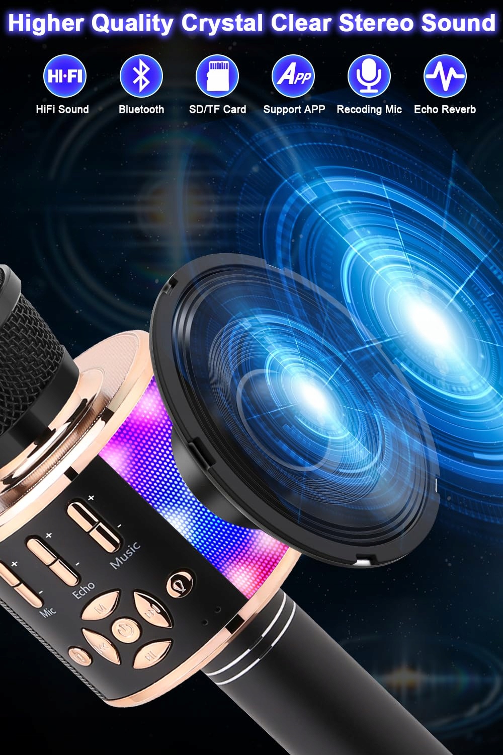 BONAOK Mikrofon Dla Dzieci Bezprzewodowy Karaoke Bluetooth 4w1 Czarnozłoty — miniatura 5
