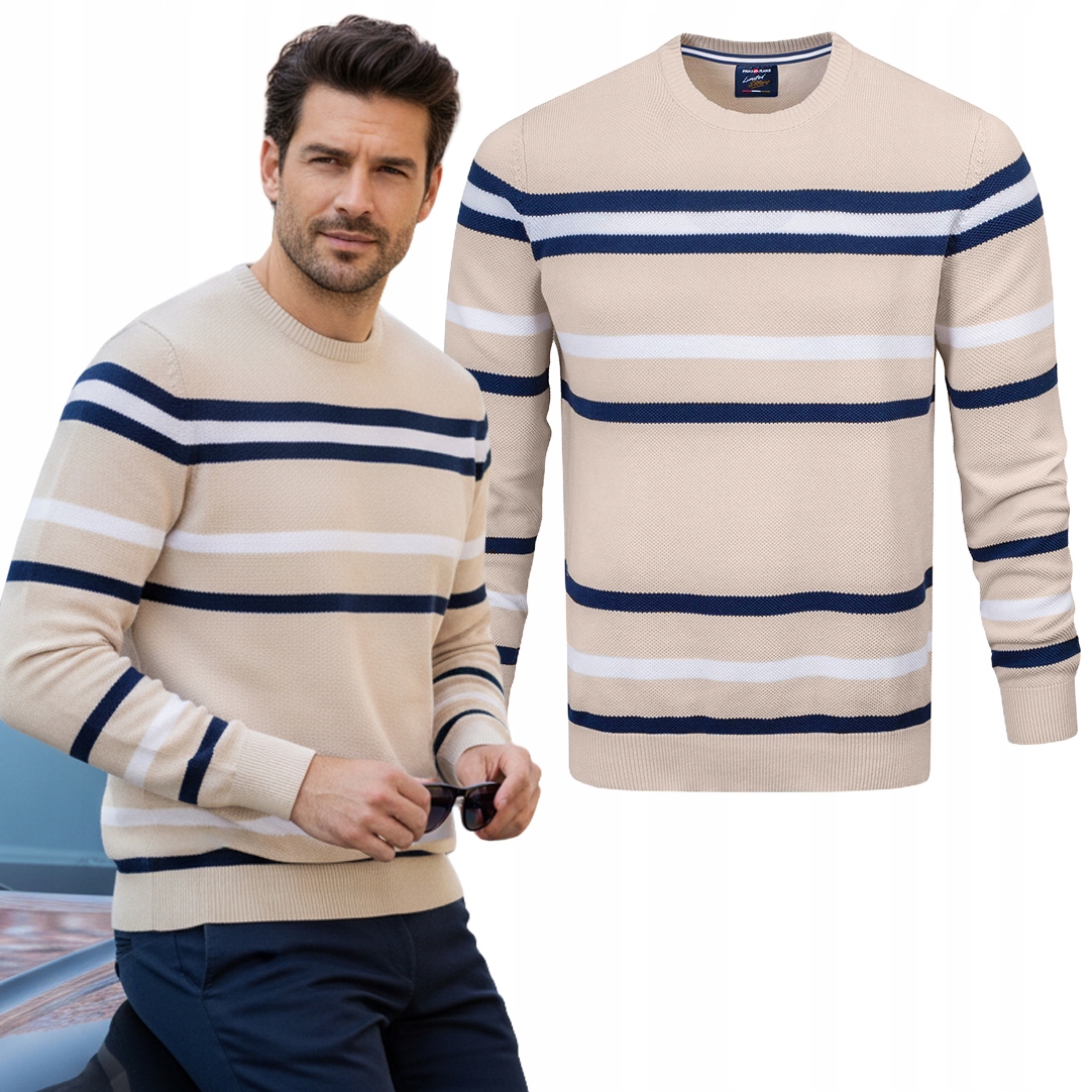 Elegantní pánský Béžový Svetr s Pruhy Klasický Bavlněný M Pako Jeans
