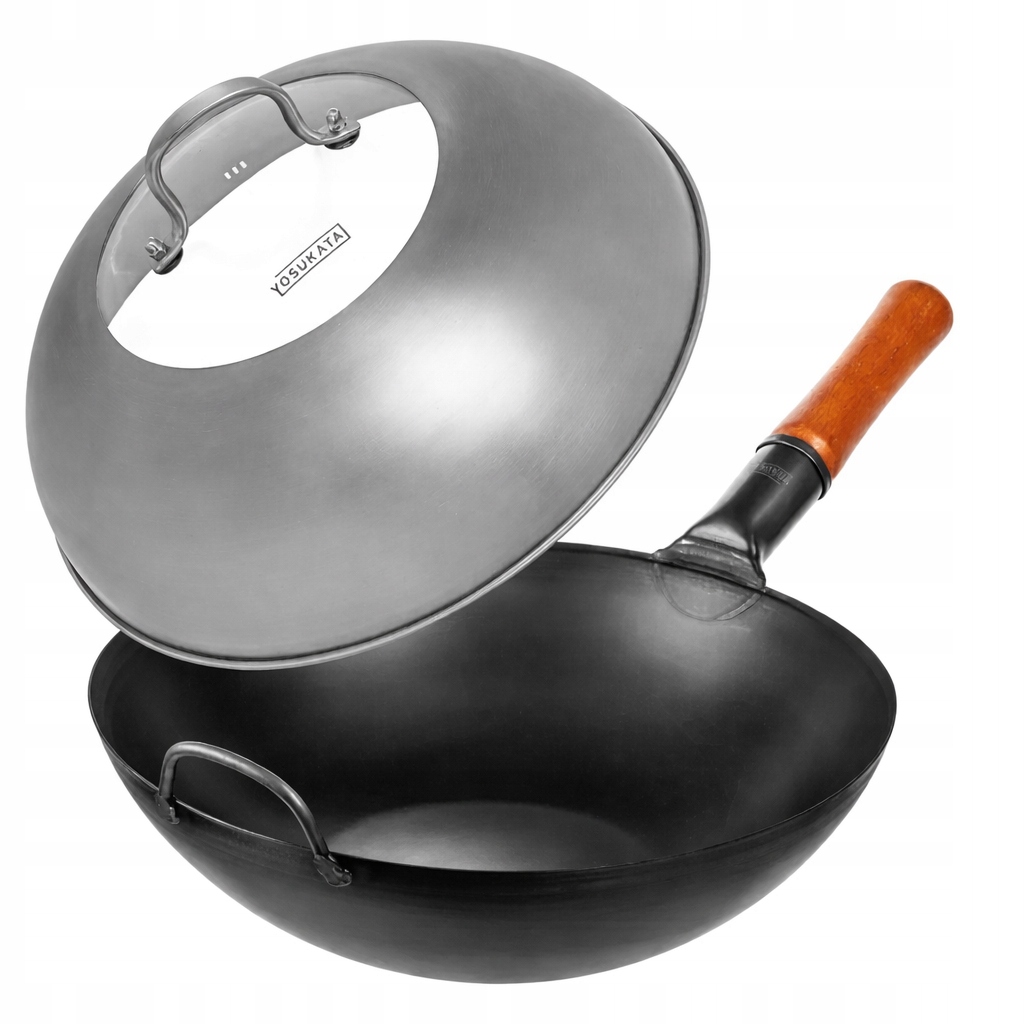 Yosukata Sada Wok 34 cm Uhlíková oceľ Indukcia Plyn Veko Oceľ Sklo