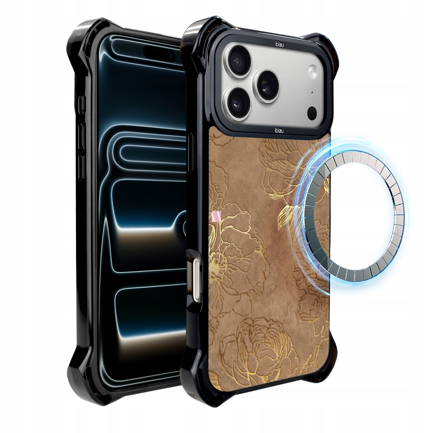 Pouzdro pro iPhone 17 Pro Ibizu DropGuard Ultra s MagSafe, zlaté pivoňky