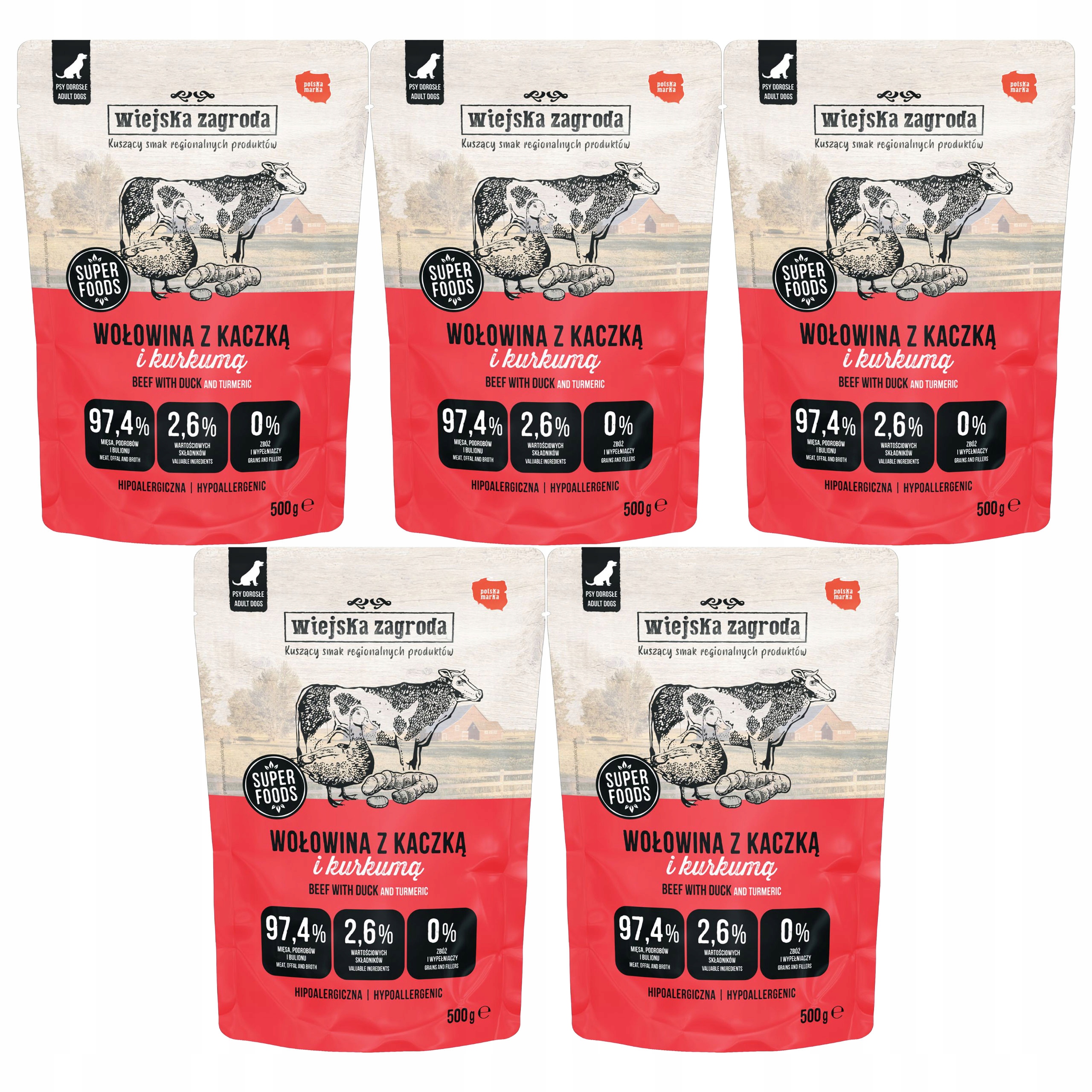 Levně Wiejska Zagroda krmivo pro psa Hovězí maso s kachnou 5 x 500 g