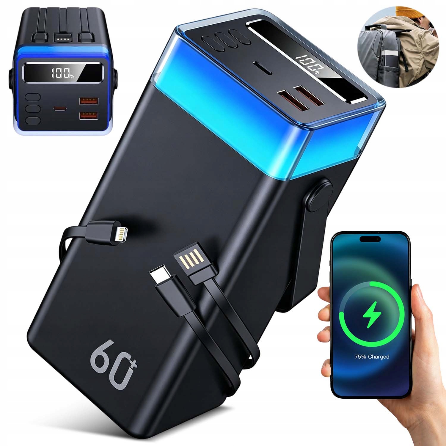 Powerbank 60000MAH Przenośny 5 Urządzeń Z LCD Latarka Led Pd 3.0 Qc 3.0
