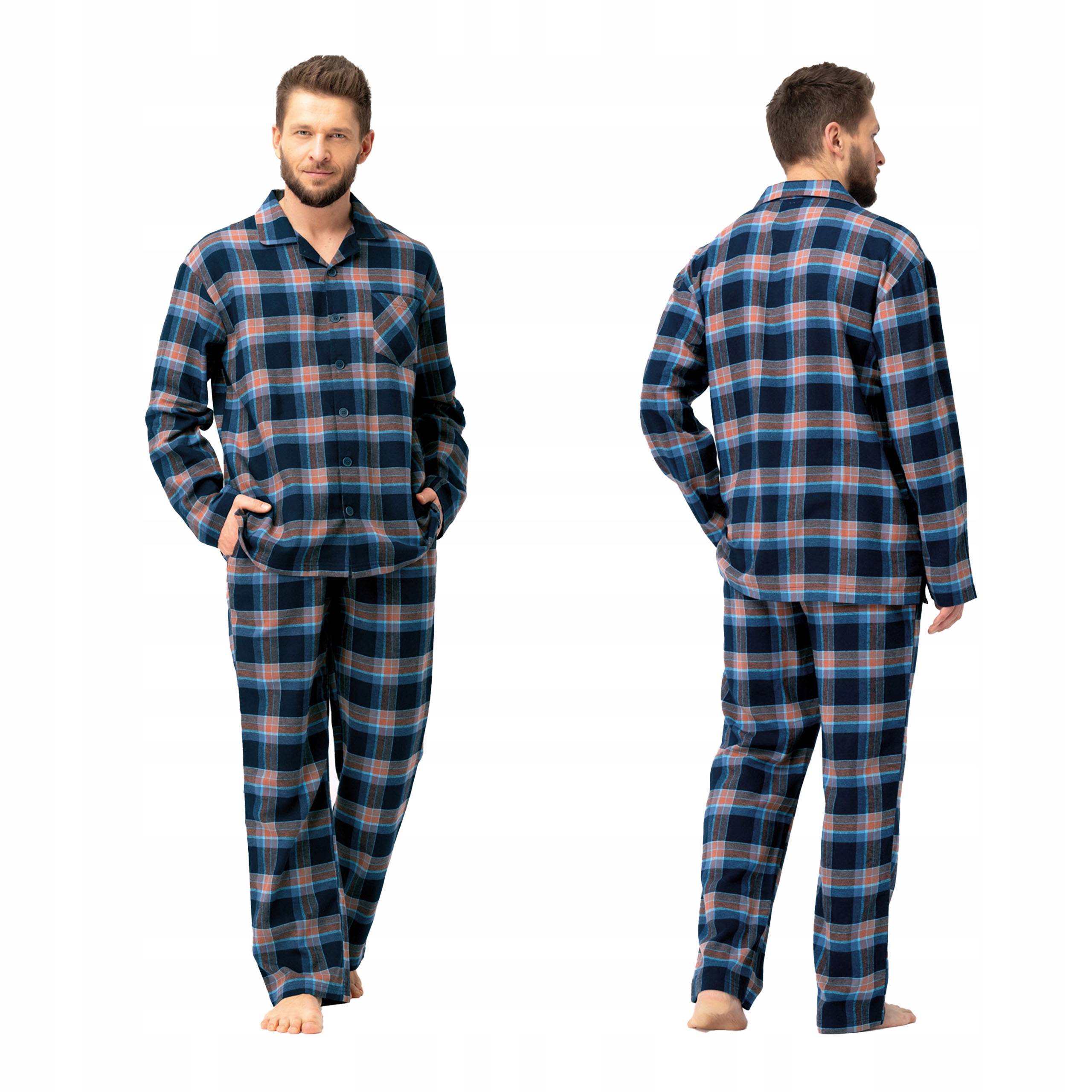 Pánské dvoudílné kostkované pyžamo z teplé bavlna, flanela Key 3XL