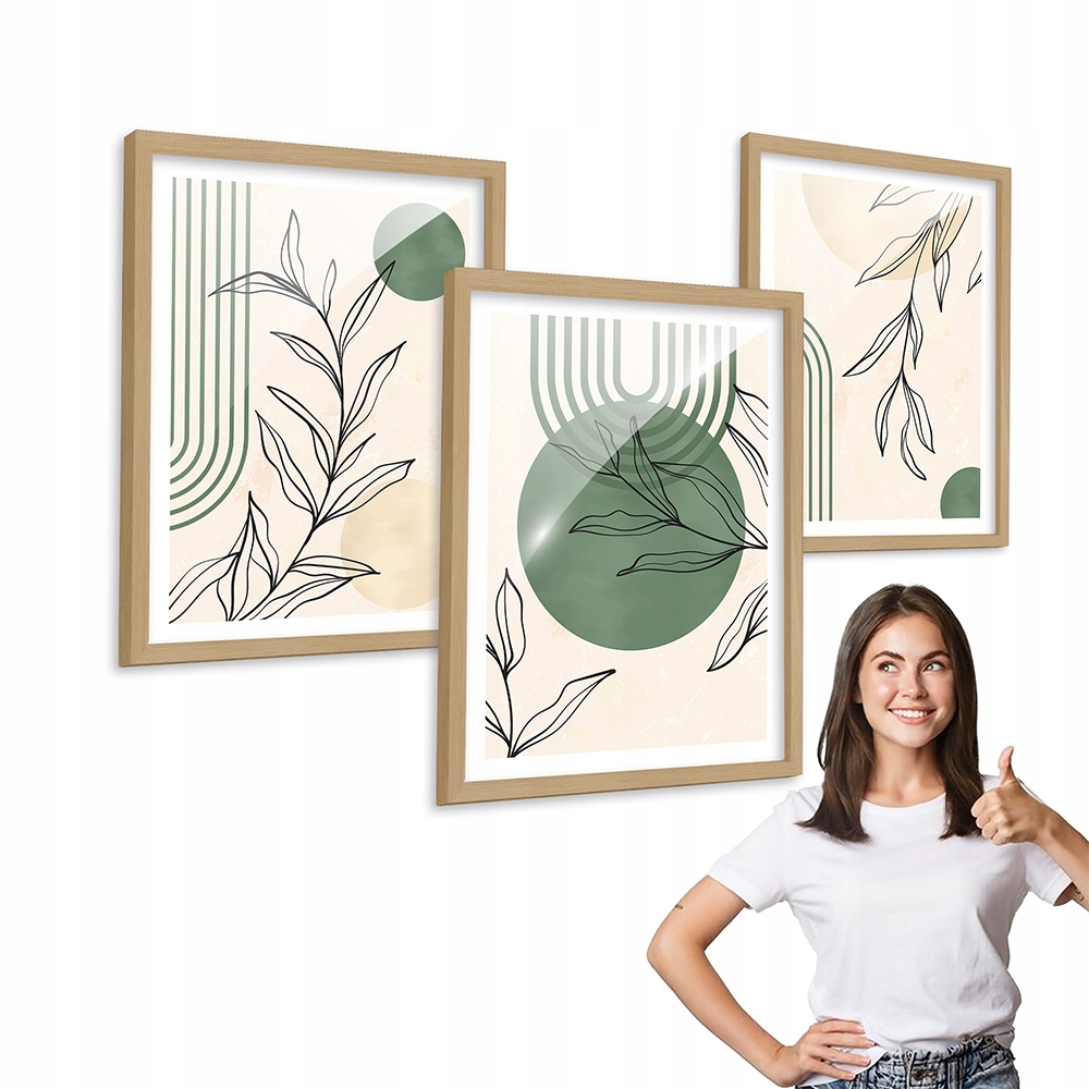 Sada 3 obrazů Zelený Minimalistický Vzor dřevěný rámeček 40x50 triptych