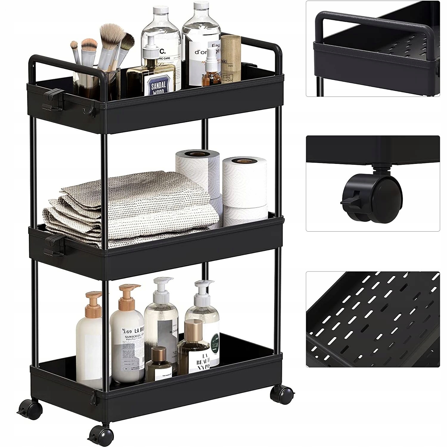 

Regał Mobilny Wózek Organizer Czarny 3 Półki XL