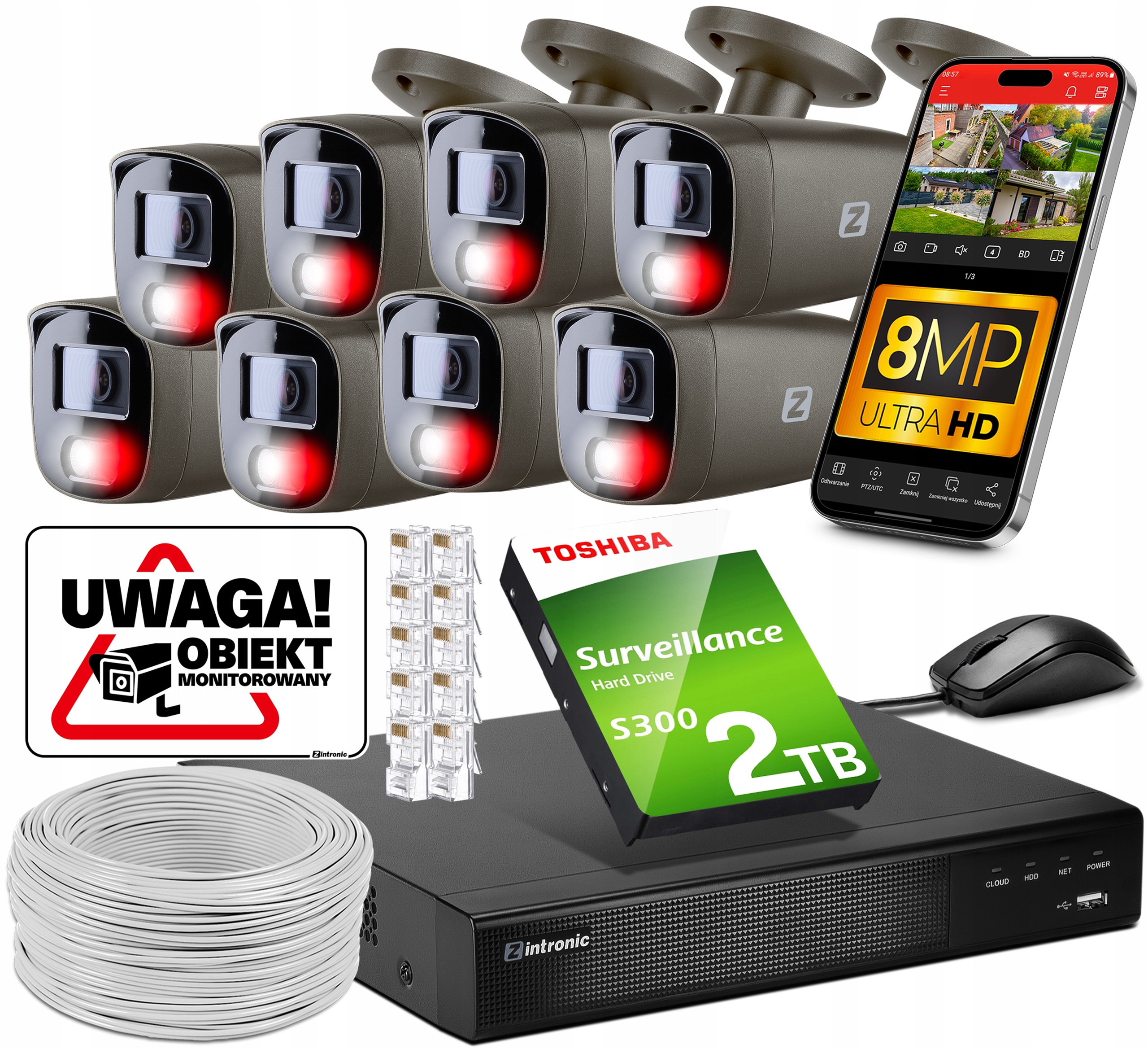 Sada pro Monitorování 8 kamer Poe 4K Ultra Hd 8Mpx Šedá Detekce lidí 2TB