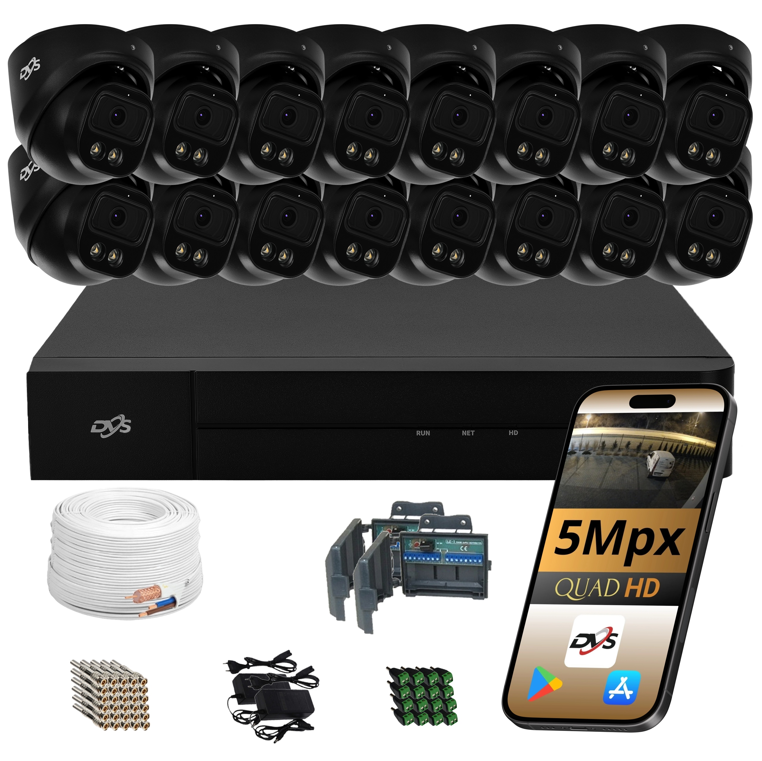 Sada Pro Monitorování 16 Analogových Kamer 5MPX Kopulová, Černá, Kovová