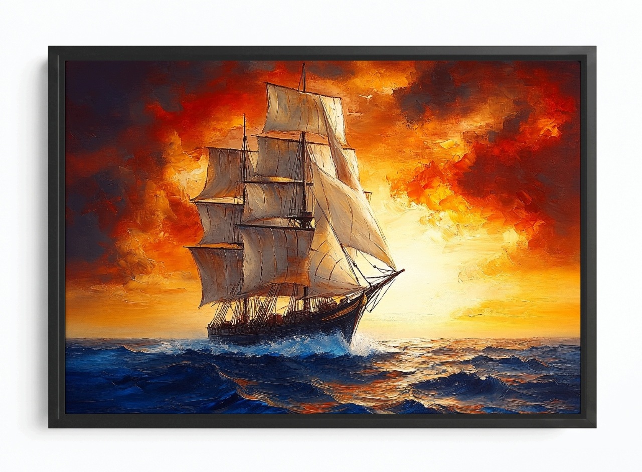 Obraz Rám Americký Box Moře Oceán Loď Plachetnice Slunce Západ 60x40