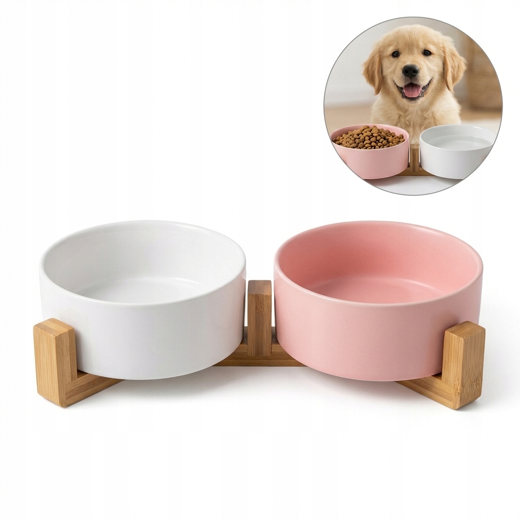 Levně Keramická dvojitá miska pro mazlíčky, široký průměr, bílá/růžová, 2×400 ml