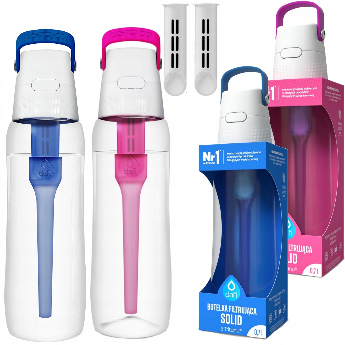Dafi Solid 0,7l różowa i niebieska zestaw dwóch butelek filtrujących
