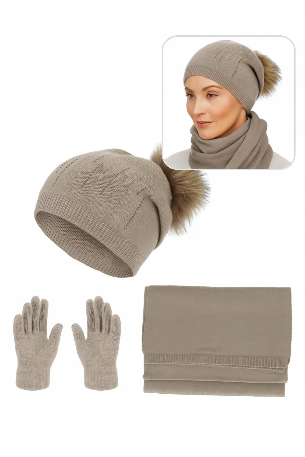Dámská Zimní Sada W455B Polar Fashion Béžová – Čepice Šála Rukavice
