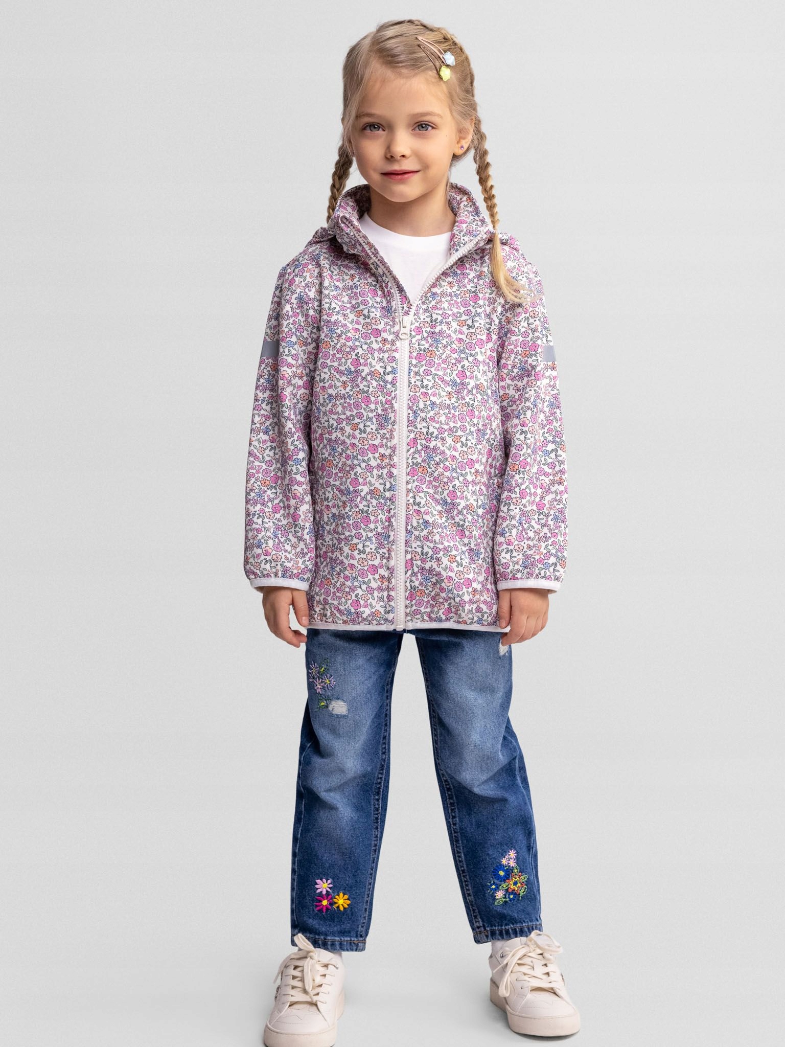 Dziewczęca kurtka softshell w kwiaty z kieszeniami Minoti R 110/116