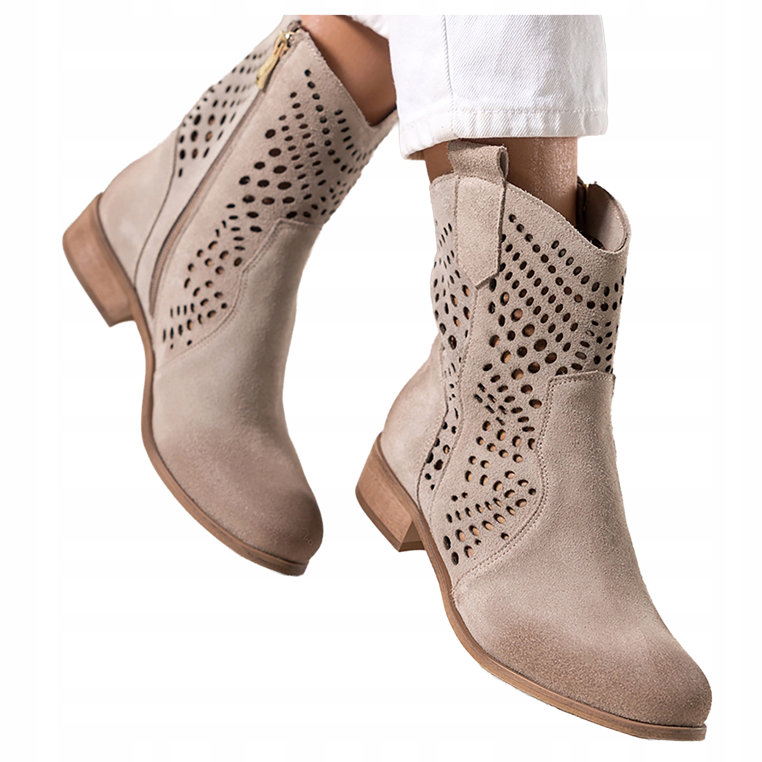 Béžové dámské kotníkové boty Kovbojské Boty Ažurové Nízké Klocek Pohodlné Kožené r 39