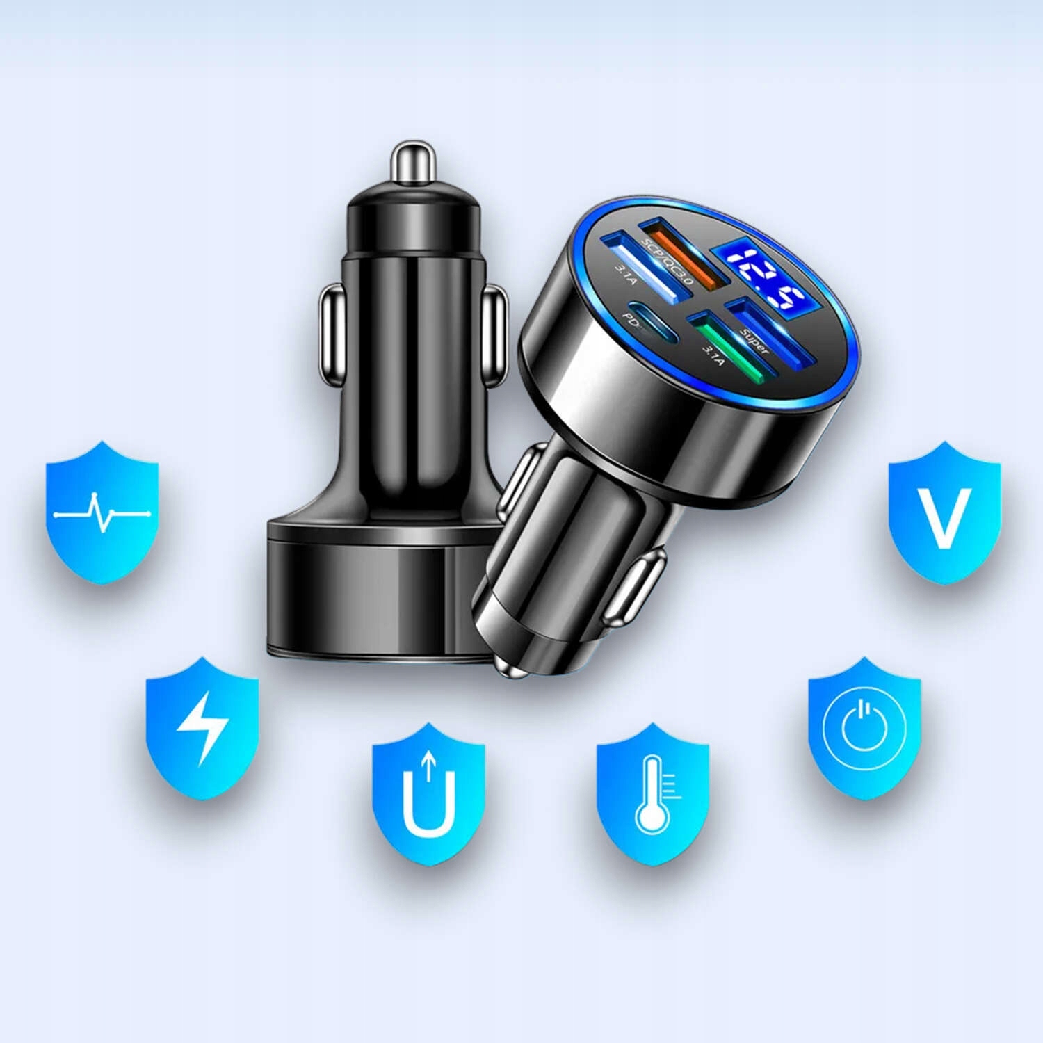 ŁADOWARKA SAMOCHODOWA 4X USB QC 3.0 + USB C PD 20W SZYBKA MOCNA DO TELEFONU Kolor czarny