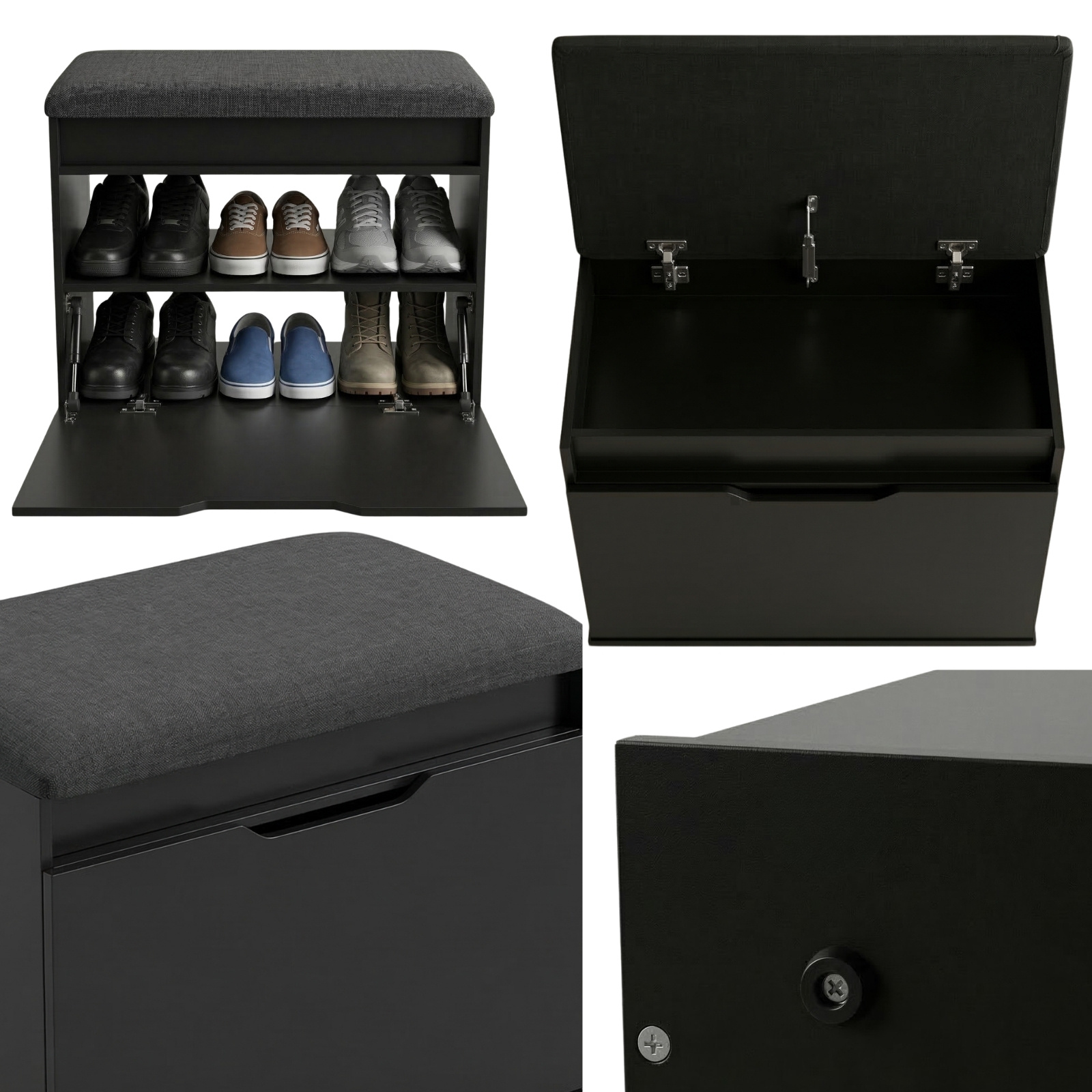 Botník s sedákem a úložným prostorem Vira, 60 x 50 x 35 cm, černá