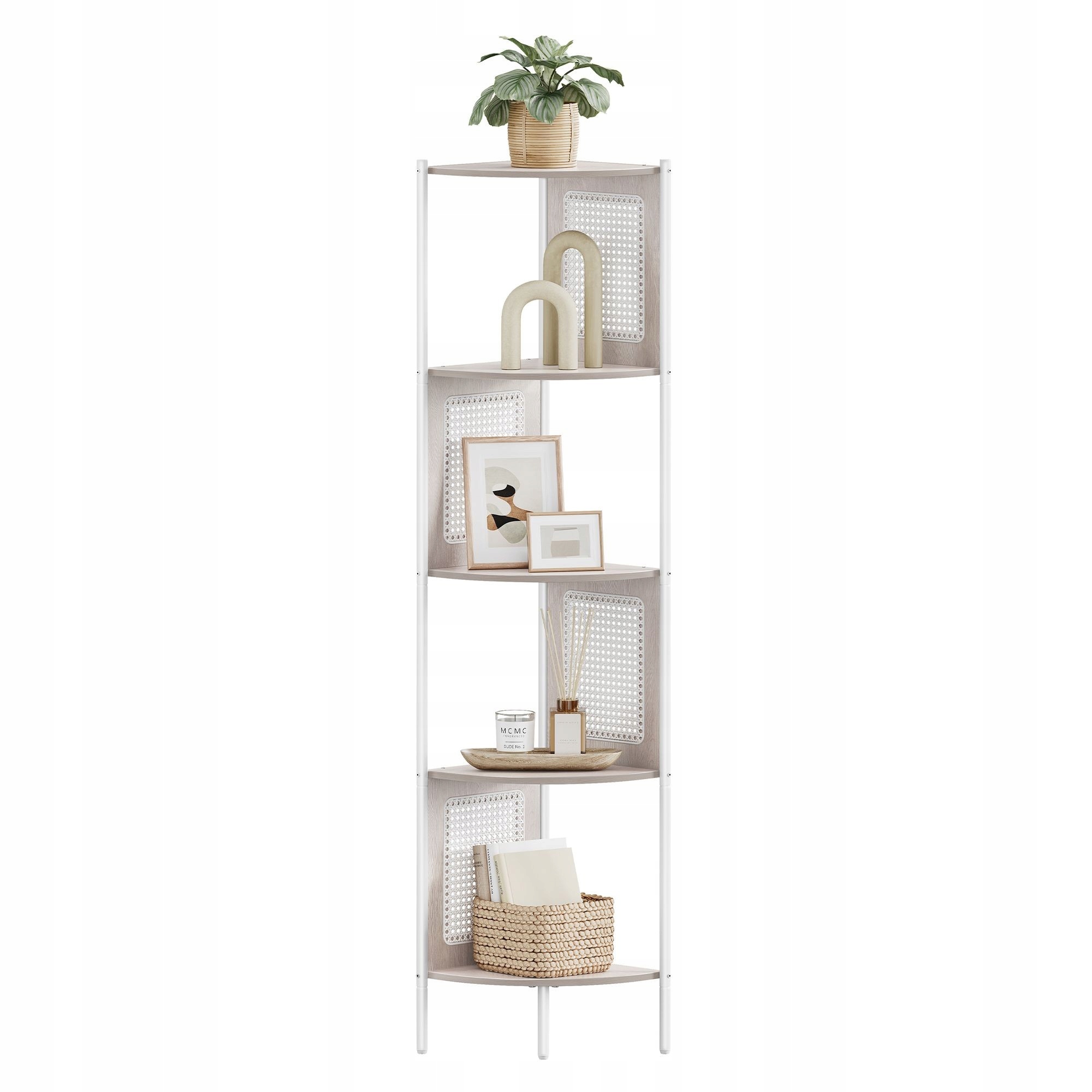 Biely regál na knihy, ozdoby s ratanovými stranami, 5 políc, loft