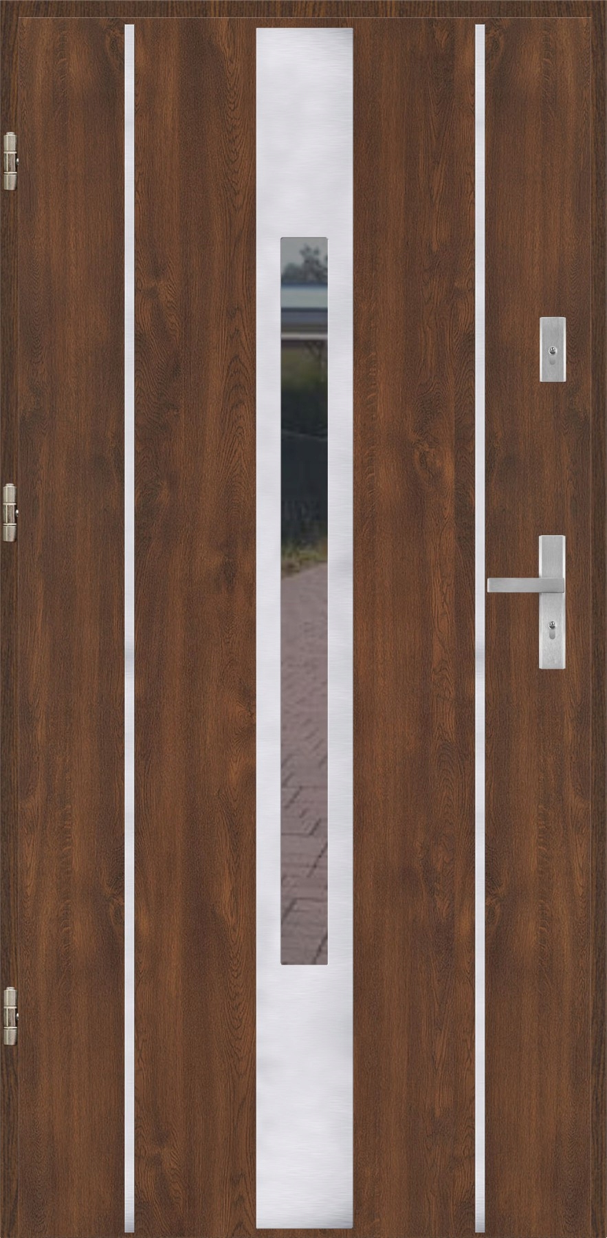 Drzwi wejściowe Ereda 55mm Płaskie 47 Ap Inox Orzech Lewe 80 na zewnątrz