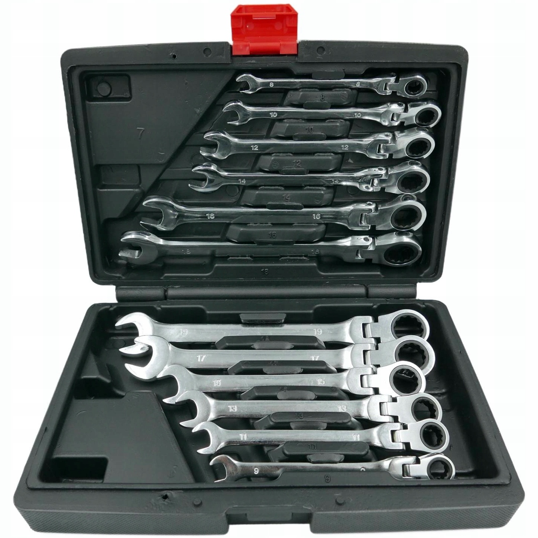 Kované Klíče Ploché Očkové S Ráčnou Zlomené 8-19 mm 12 x Klíč Kufr