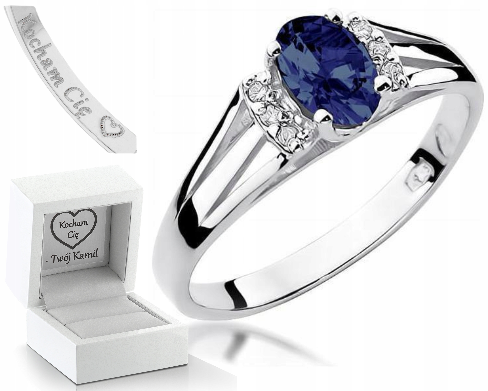 Bílý Zlatý Prstýnek S Brilianty A Safírem