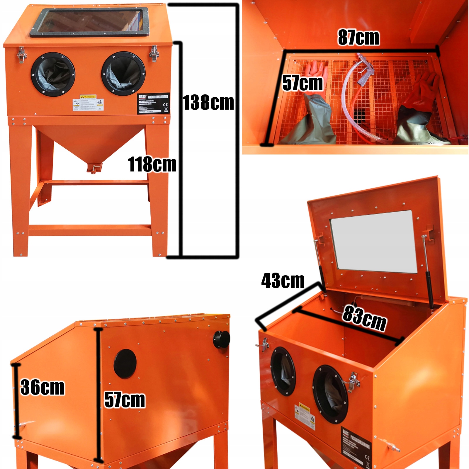 PIASKARKA KABINOWA 250L KABINA KOMORA PIASKOWANIA PISTOLET DYSZE RĘKAWICE Pojemność 250 l