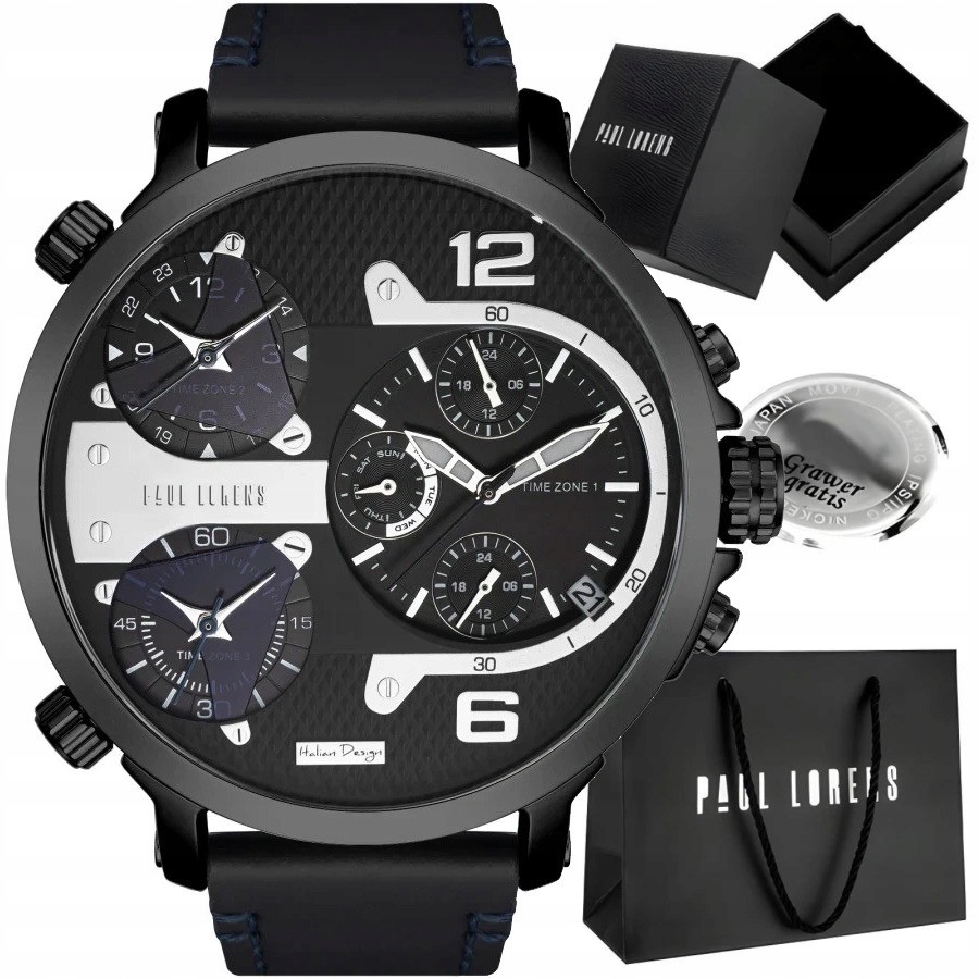 Velké pánské hodinky Paul Lorens Tezert multidatovač časové pásmo Gravírování