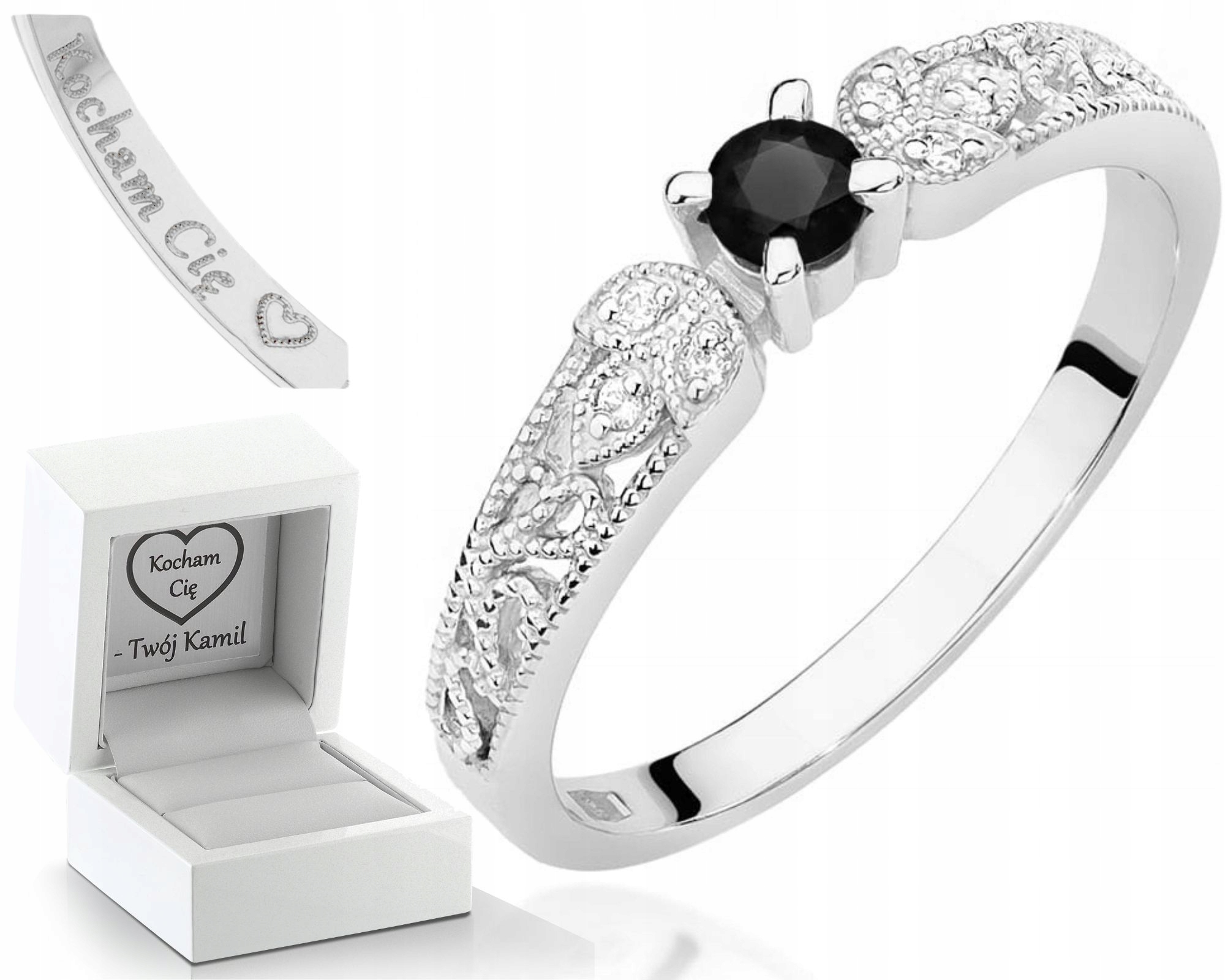 Bílé Zlato Prstýnek Pro Zásnuby Černý Briliant A Diamanty 585 Gravírování