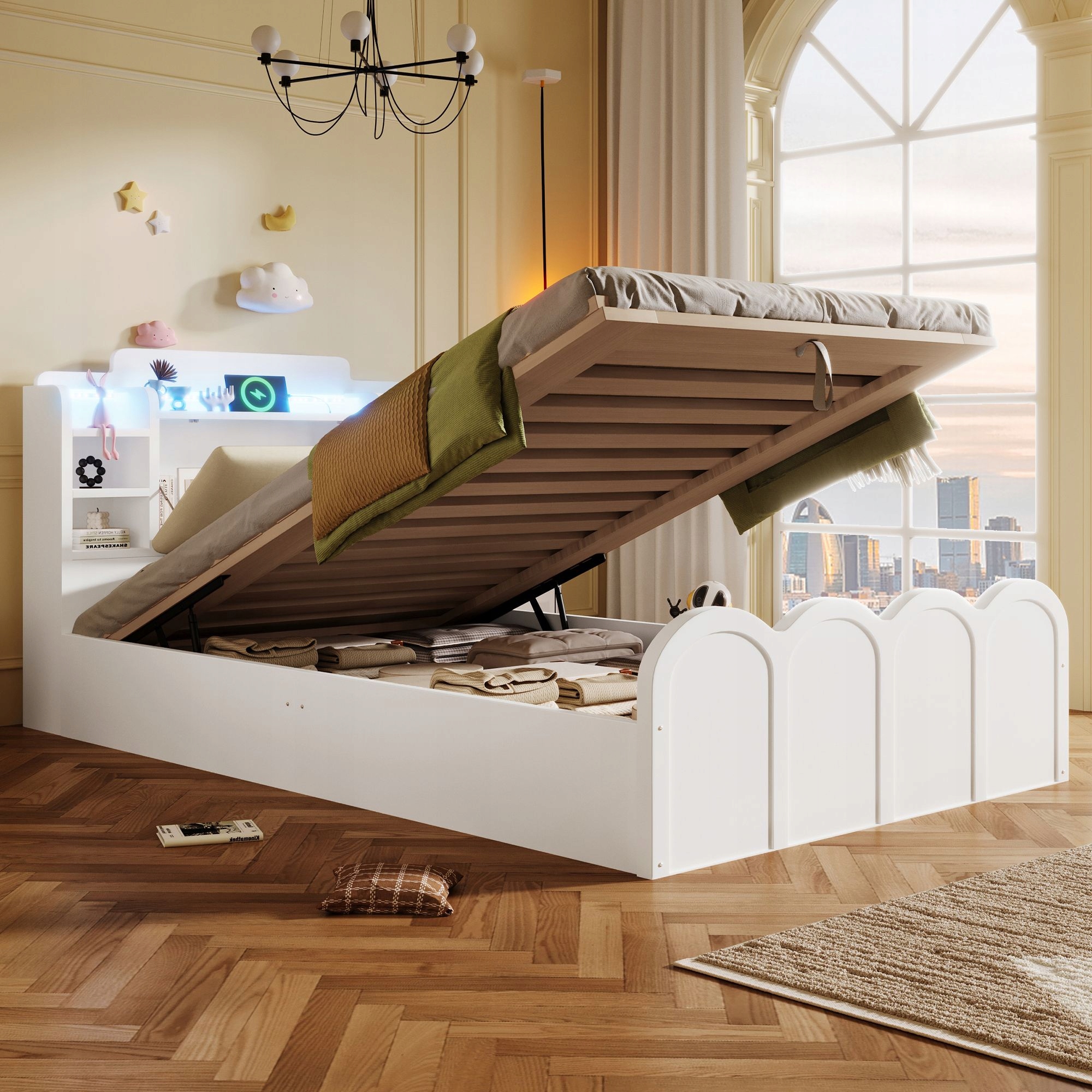 Čalouněná jednolůžková postel Hydraulické Led Usb 90 x 200 cm bílá