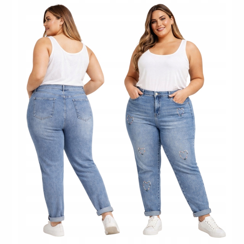 Džínové kalhoty Plus Size zirkony výšivky srdíčka s vysokým pasem 48 50 4XL