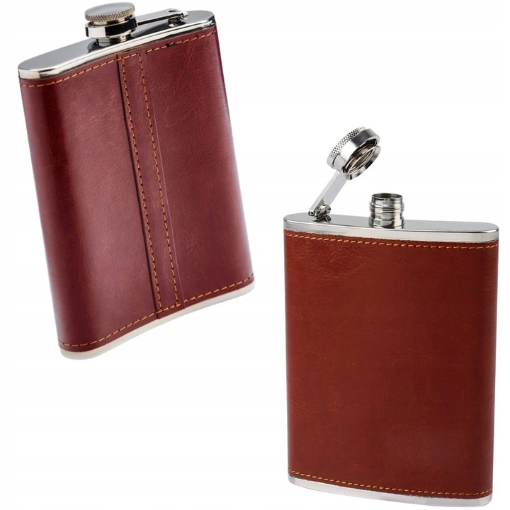 PIERSIÓWKA OBITA SKÓRĄ Brązowa STAL NIERDZEWNA 240ML 8OZ