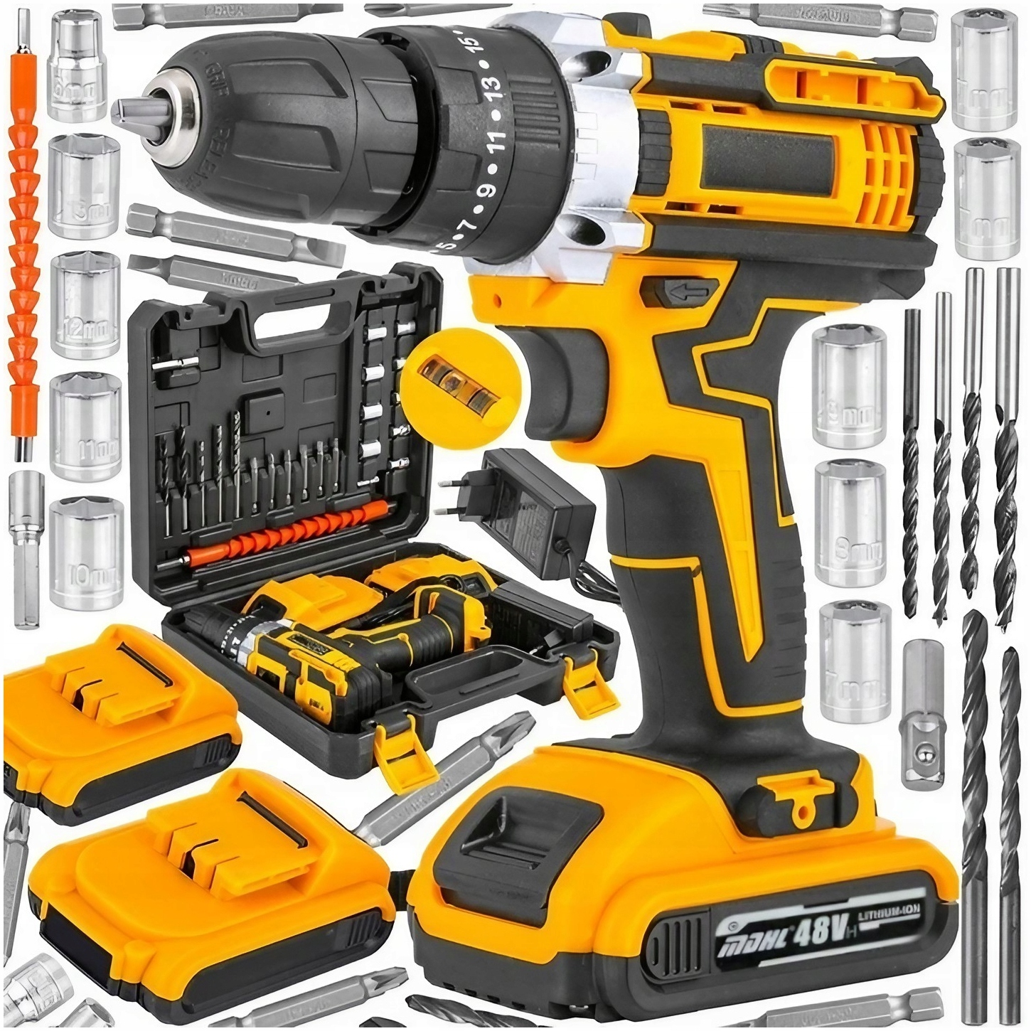Wiertarko Wkrętarka 2X Akumulatorowa Udarowa Wkrętak Walizka Nasadki Zestaw