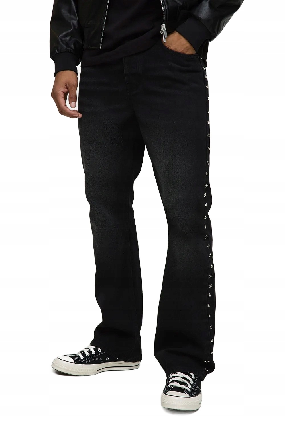 Boohooman Černé Pánské Džíny S Cvočky Na Bocích, Rovné, 32 Z3A