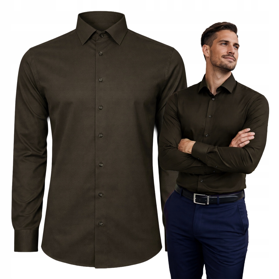 Koszula męska Victorio brązowa wizytowa Z Elastanem regular rozmiar XL