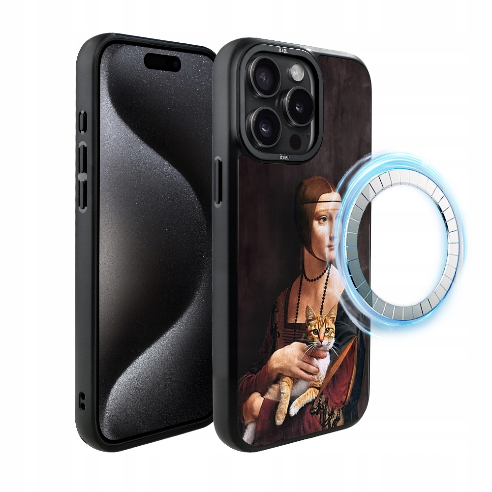 Matný Pouzdro Ibizu DropGuard pro iPhone 15 Pro s MagSafe, dáma s kočkou