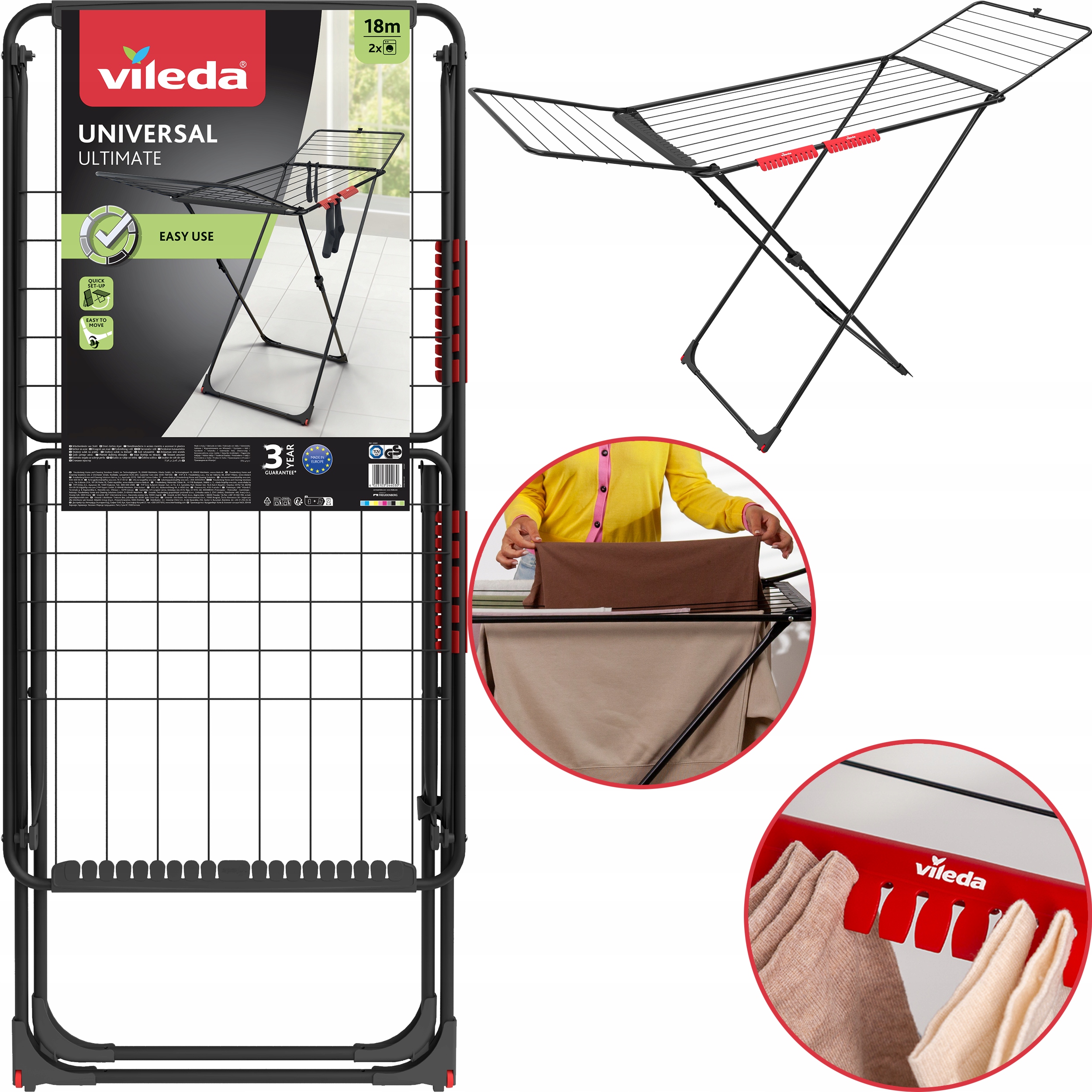 Sušák na prádlo Vileda Universal Regulace kloubů Černá Mat Kolečka 18 m