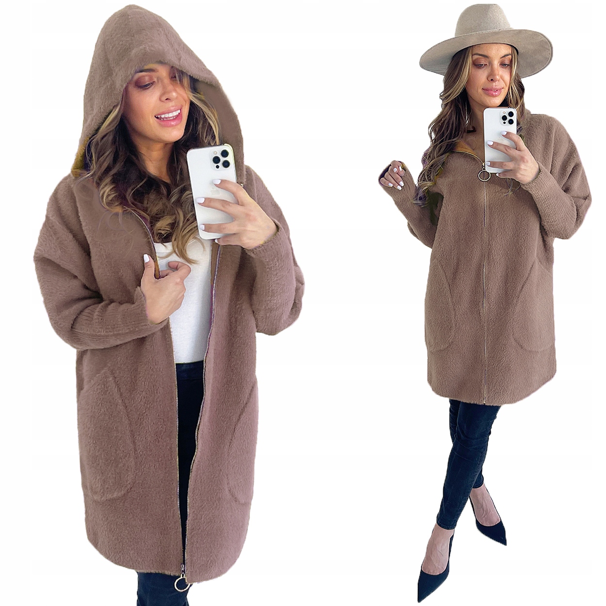 Klasický Teplý Kabát Z Alpaky Na Zip V Barvě Cappuccino