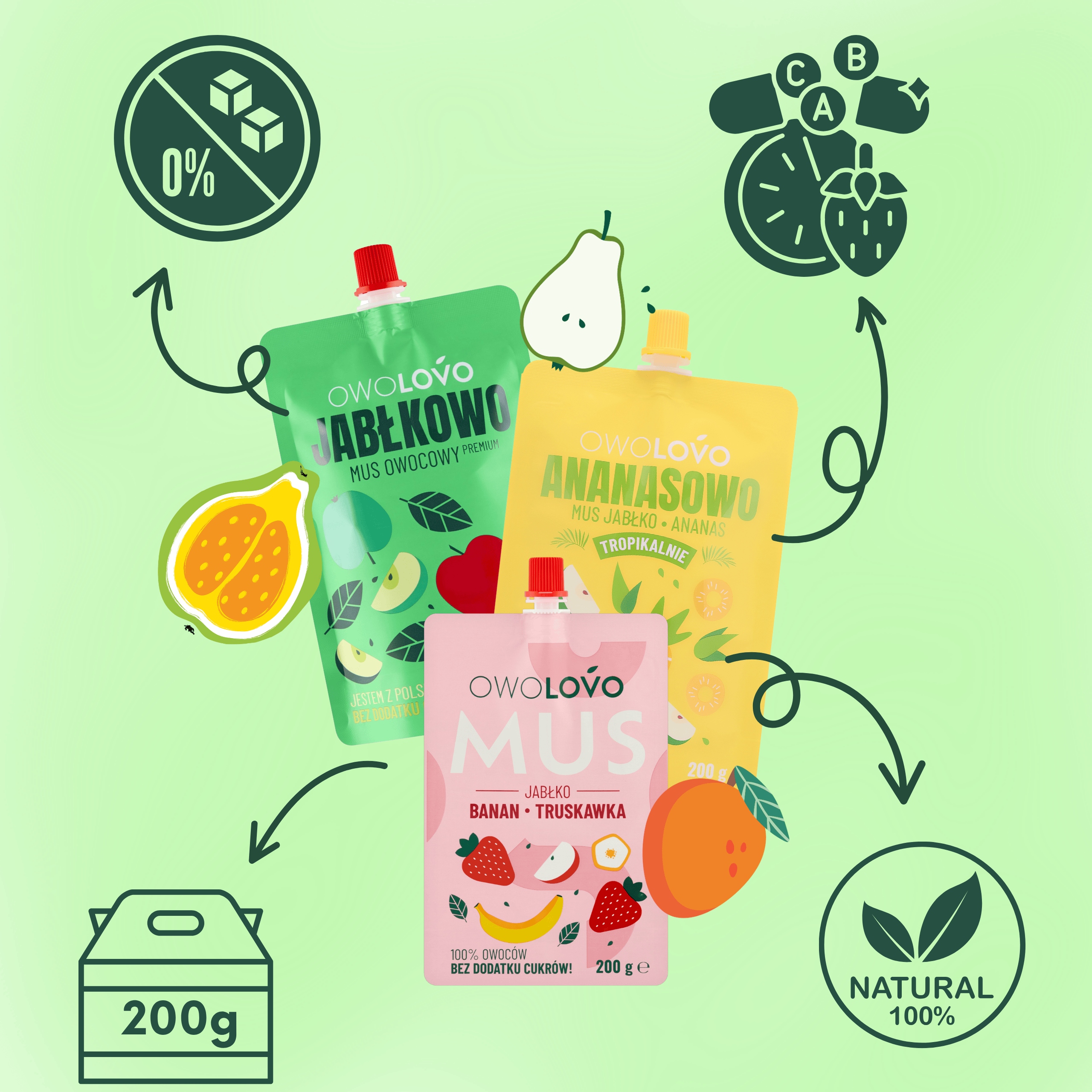 OWOLOVO Mus Jabłko-guawa 200g Smak Jabłko, guawa