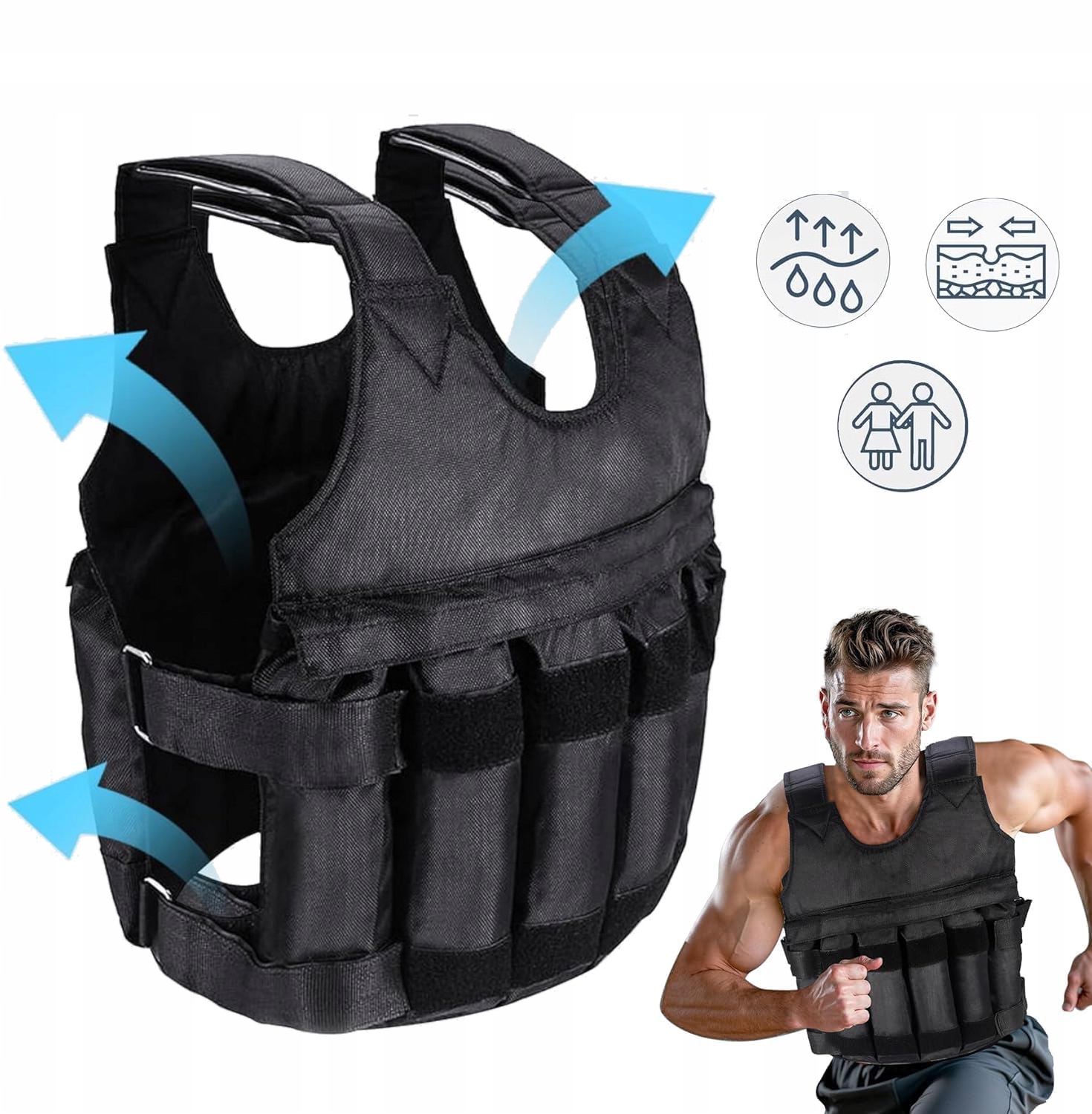 Tréninková Zátěžová Vesta Pro Cvičení Se Zátěží 50 kg, Černá