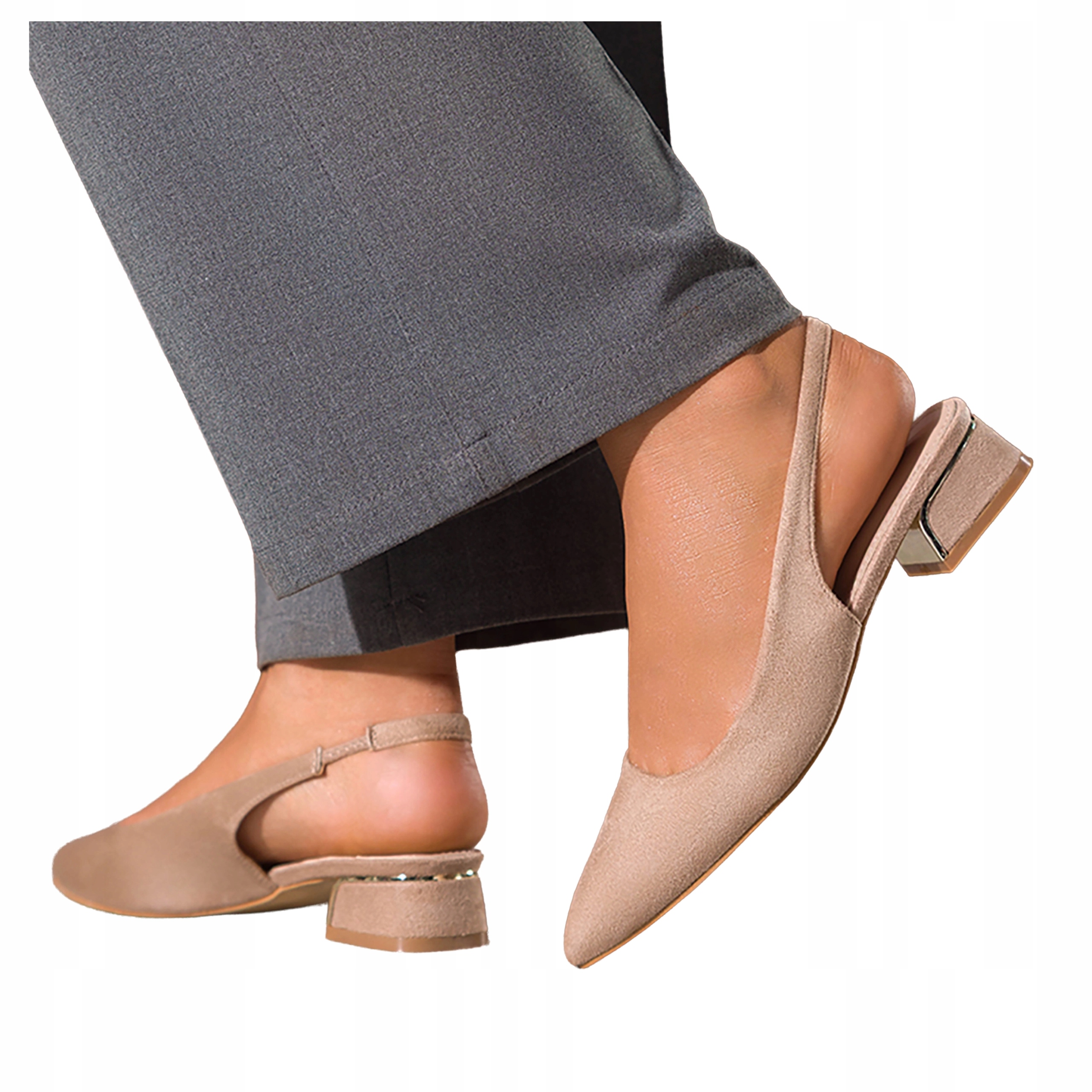 Beżowe Czółenka Damskie Odkryta Pięta Ozdobny Niski Klocek r 39